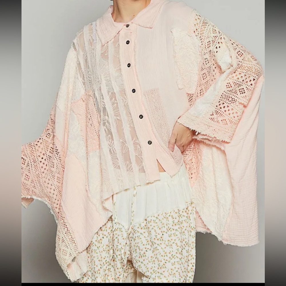 POL Pink oversized Lace Button Down Shirt - Picture 1 of 2